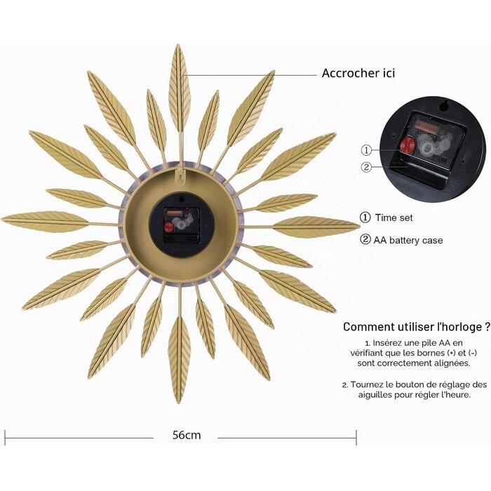 Horloge murale design soleil 56 cm - Doré - Jusqu'à -67% de réduction