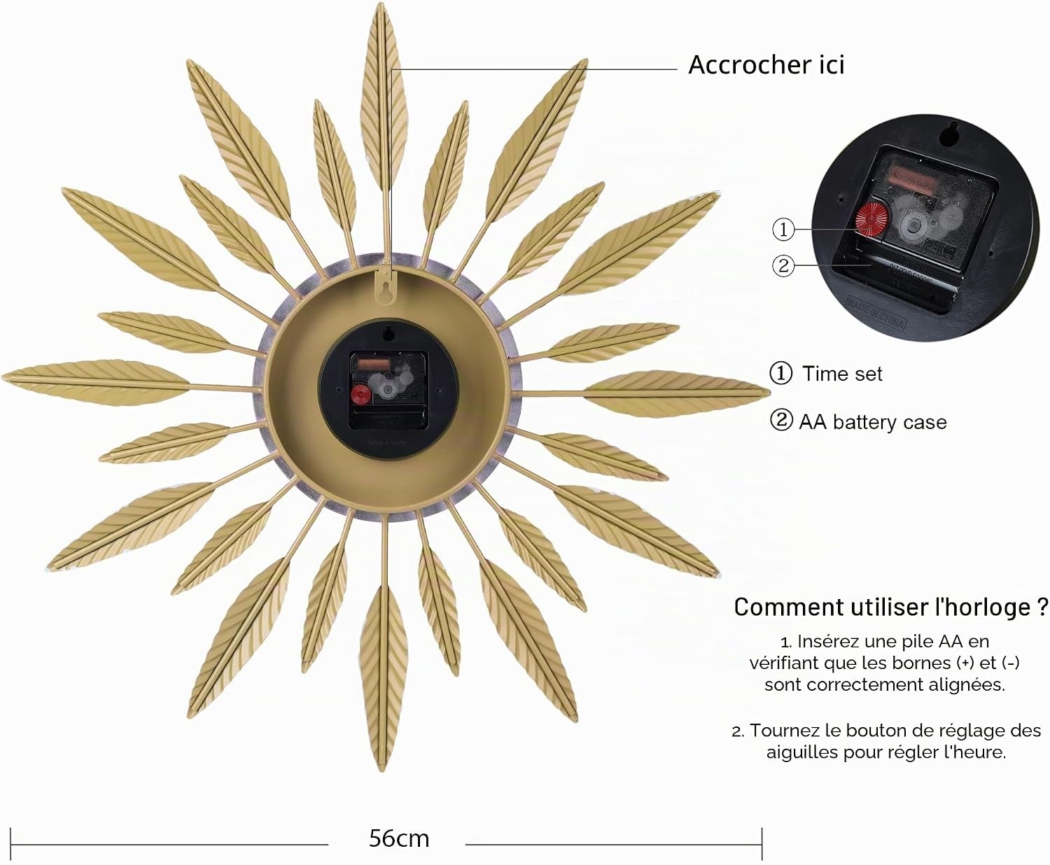 Horloge murale design soleil 56 cm - Doré - Jusqu'à -67% de réduction