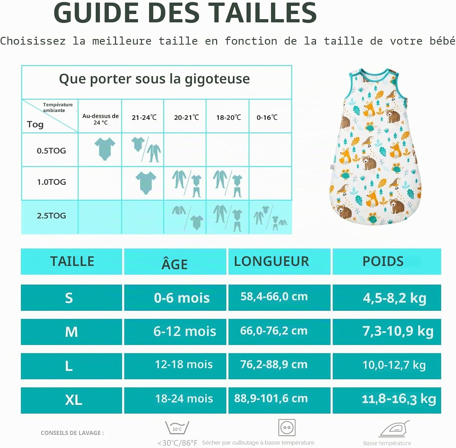 Gigoteuse bébé coton animaux 2.5 TOG - Jusqu'à 61% de réduction