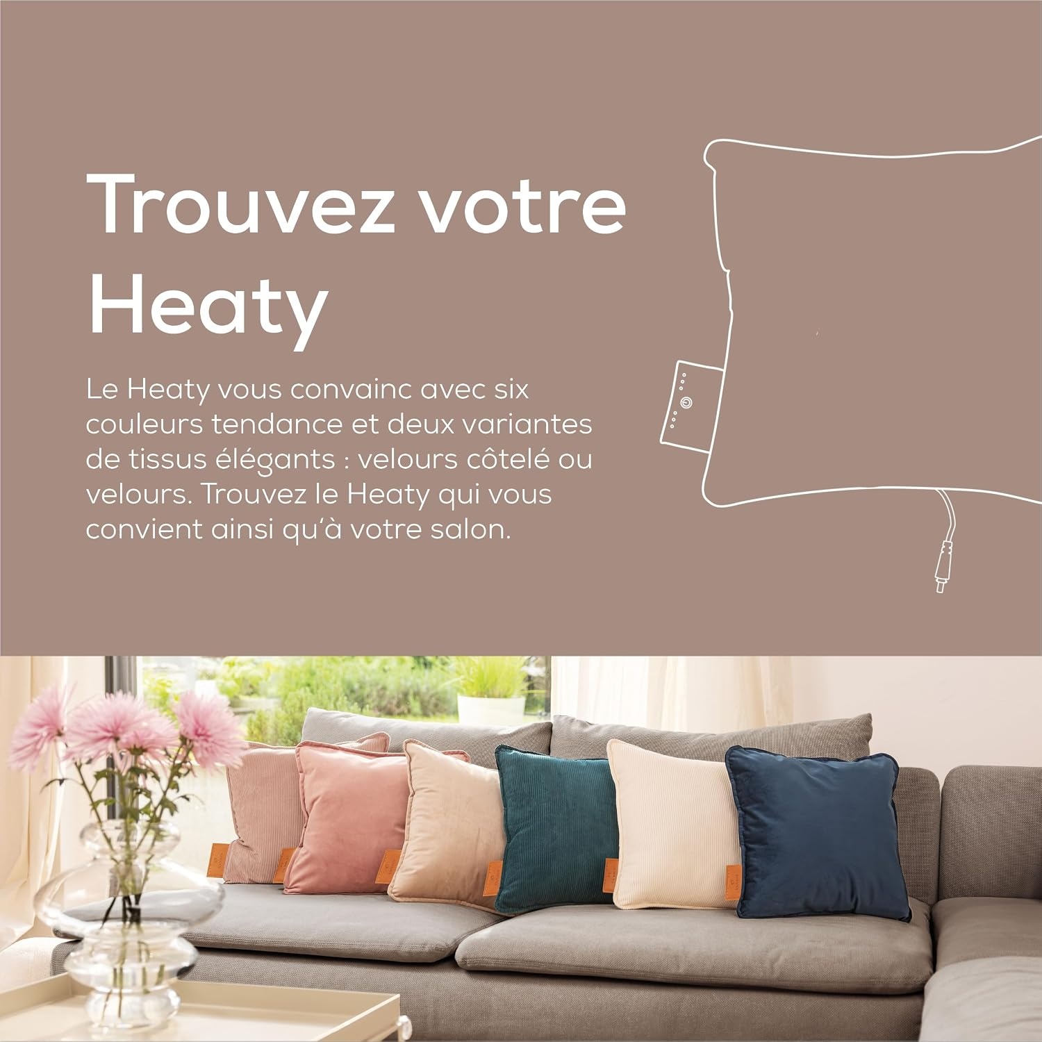 Coussin chauffant sans fil en velours taupe - Jusqu'à -63% de réduction