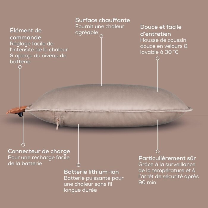 Coussin chauffant sans fil en velours taupe - Jusqu'à -63% de réduction
