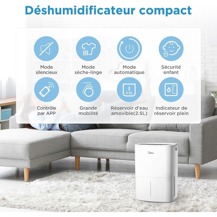 Déshumidificateur 12L intelligent jusqu'à 35m² - Jusqu'à -65%