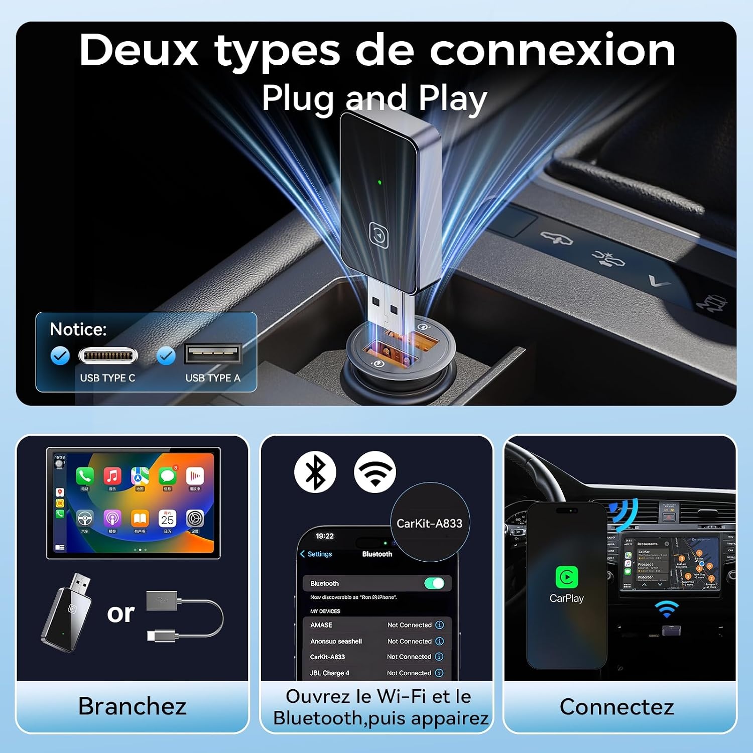 Adaptateur Sans Fil CarPlay & Android Auto - Jusqu'à 58% de remise