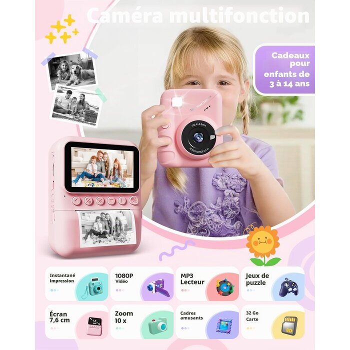Appareil photo instantané enfant 48MP Rose - Jusqu'à 59% de réduction
