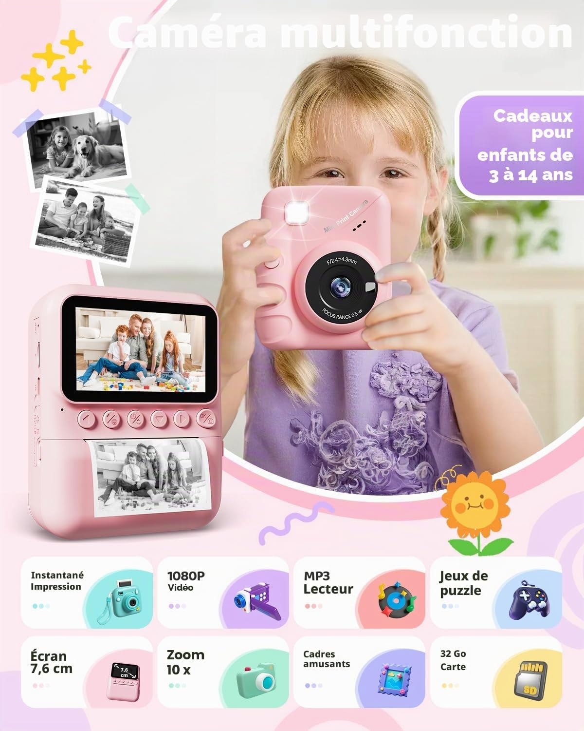 Appareil photo instantané enfant 48MP Rose - Jusqu'à 59% de réduction