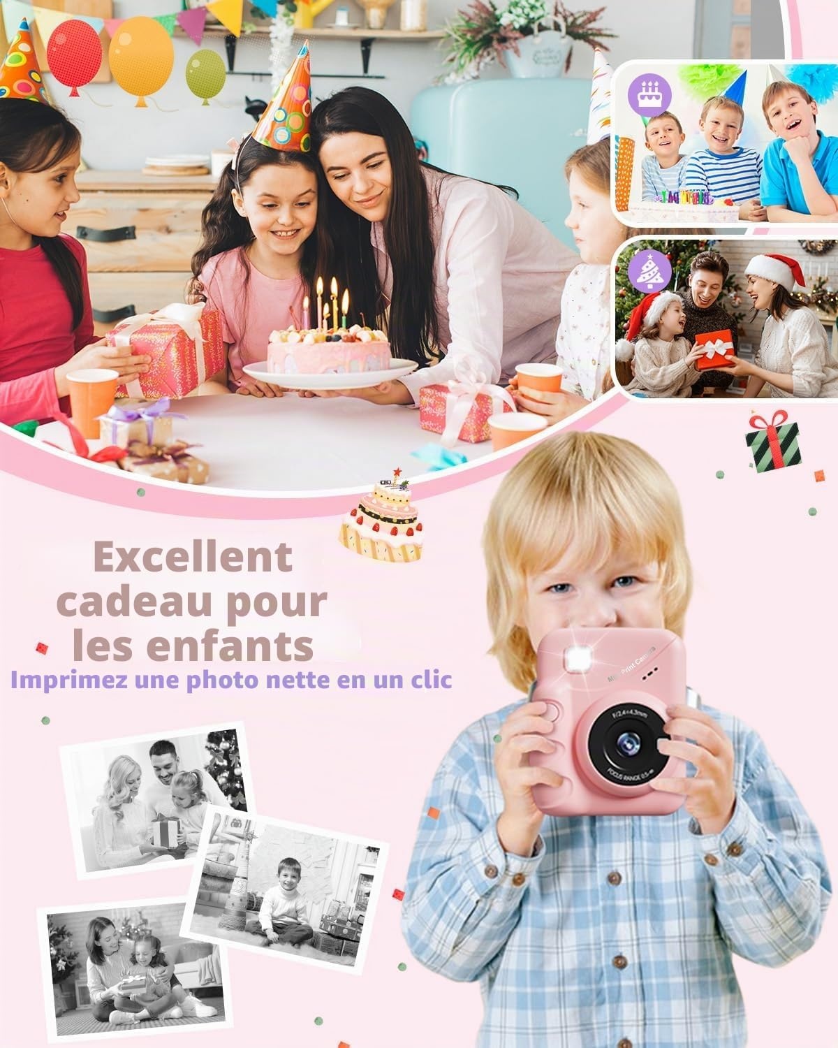 Appareil photo instantané enfant 48MP Rose - Jusqu'à 59% de réduction