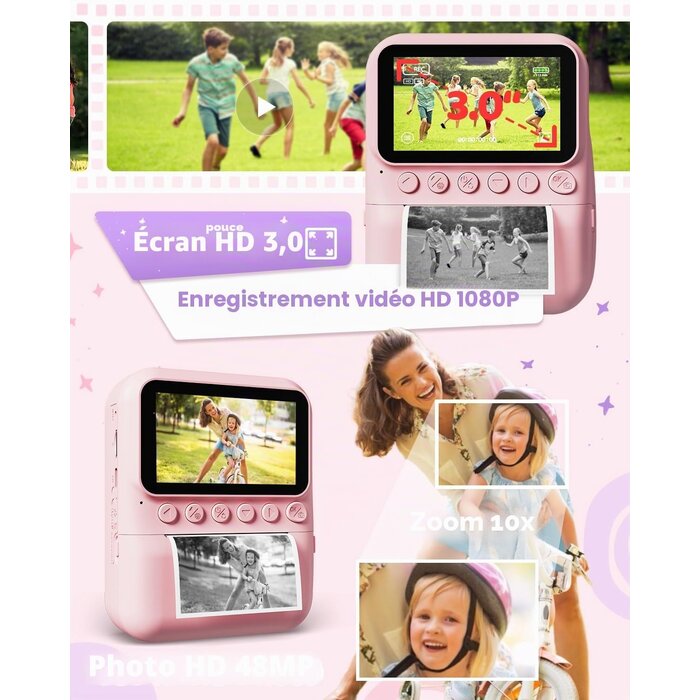 Appareil photo instantané enfant 48MP Rose - Jusqu'à 59% de réduction