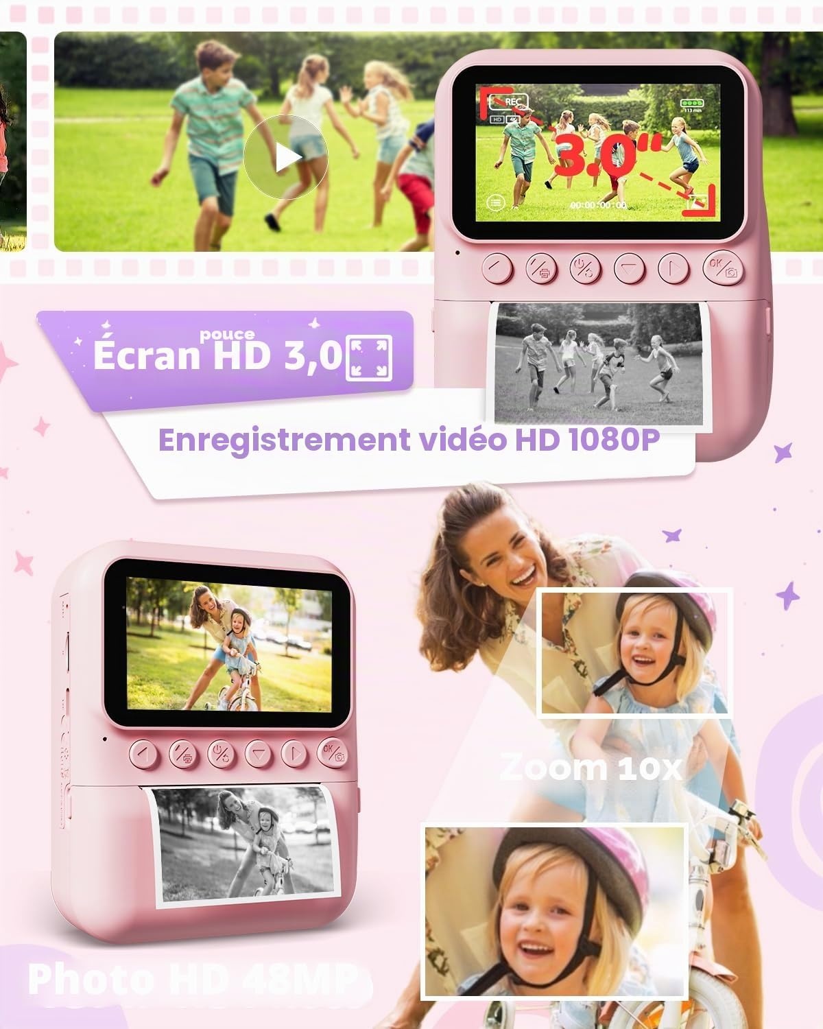Appareil photo instantané enfant 48MP Rose - Jusqu'à 59% de réduction