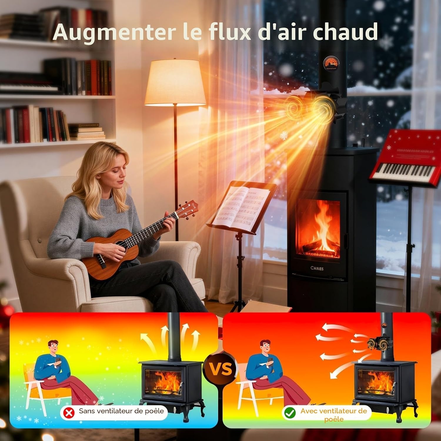 Ventilateur de poêle 12 pales magnétique - Noir - Jusqu'à -59% de réduction