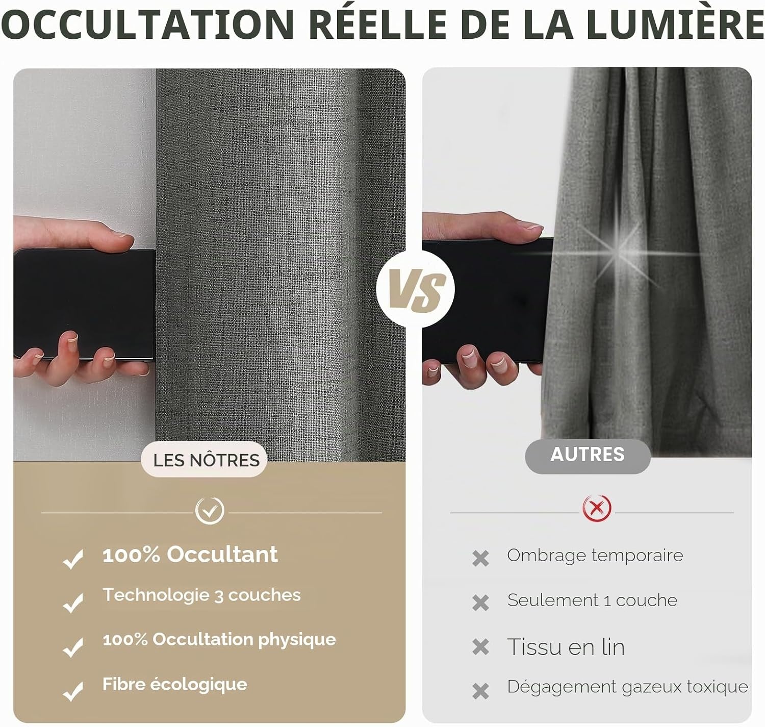Lot de 2 rideaux occultants thermiques aspect lin gris - Jusqu'à -59%