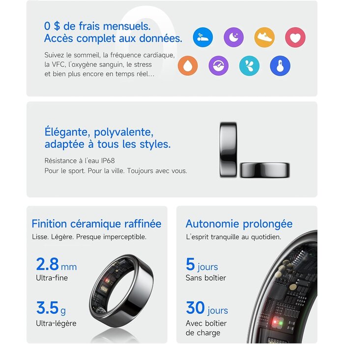 Hou Bague connectée santé céramique noire - Taille 8 - Jusqu'à 61% de réduction