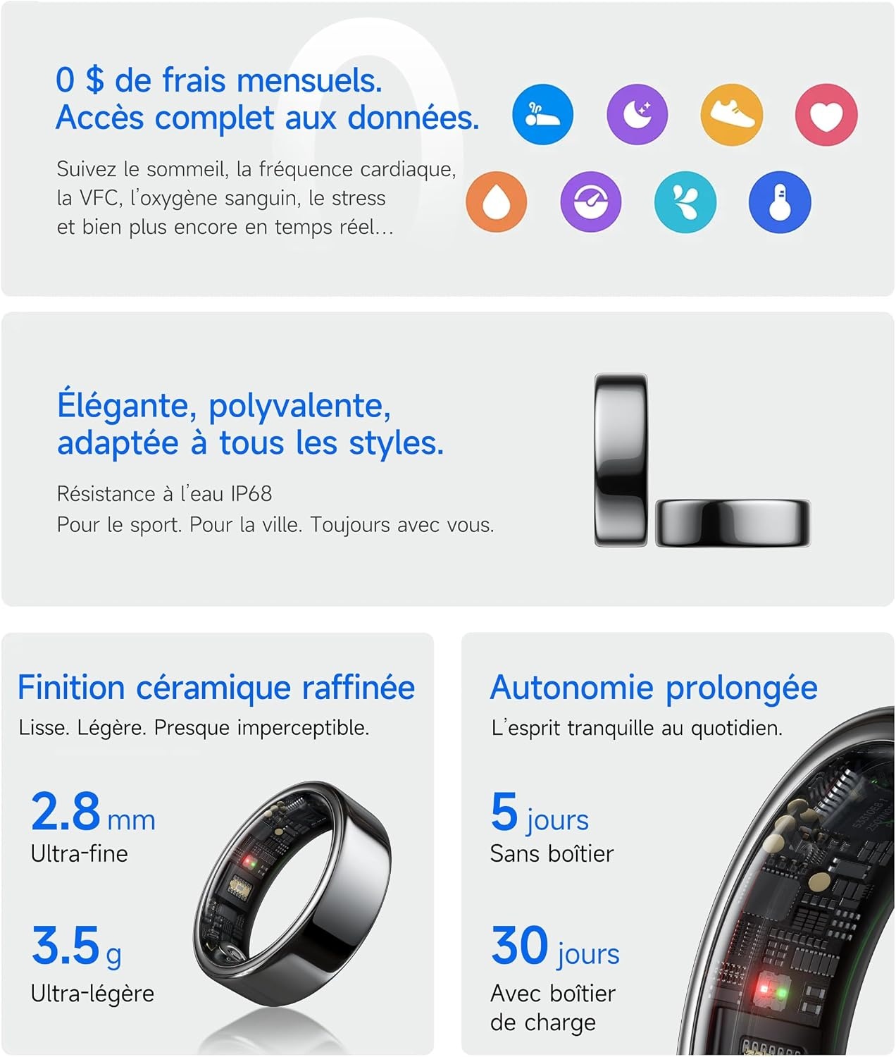 Hou Bague connectée santé céramique noire - Taille 8 - Jusqu'à 61% de réduction