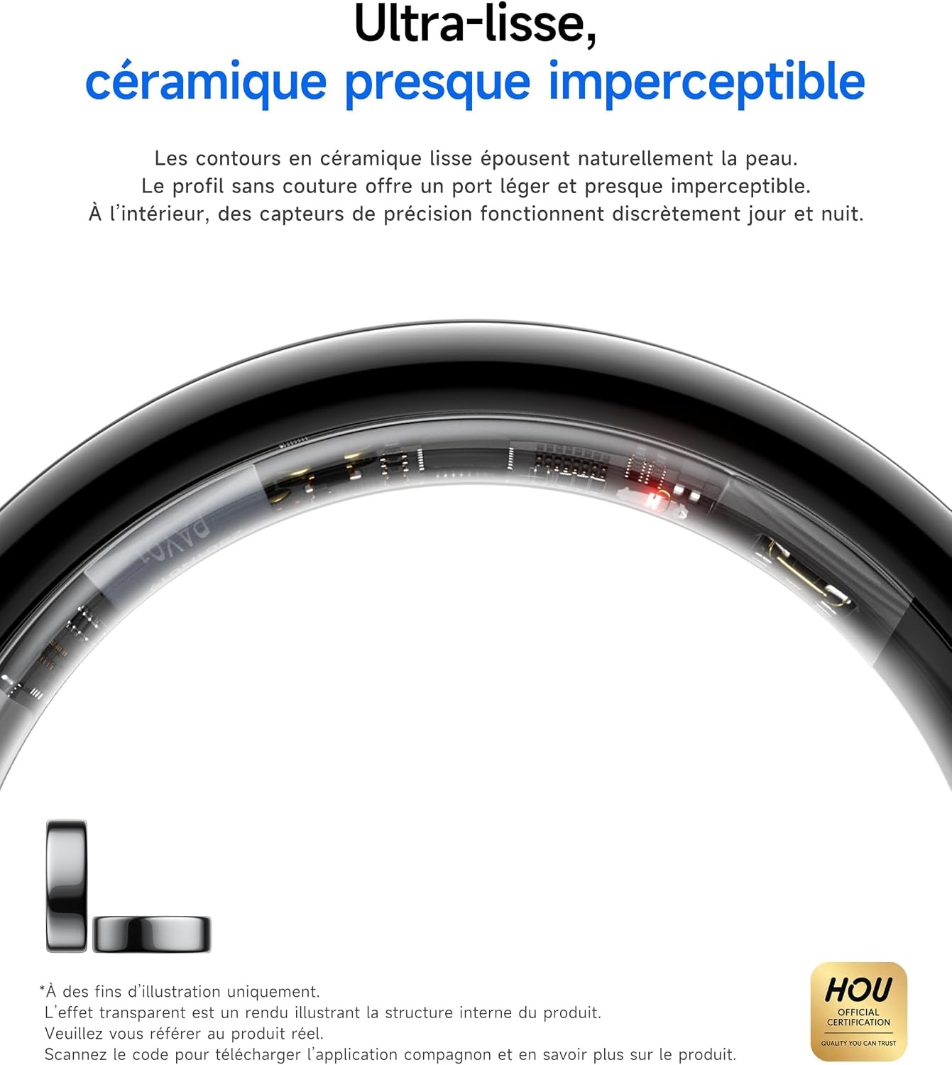 Hou Bague connectée santé céramique noire - Taille 8 - Jusqu'à 61% de réduction