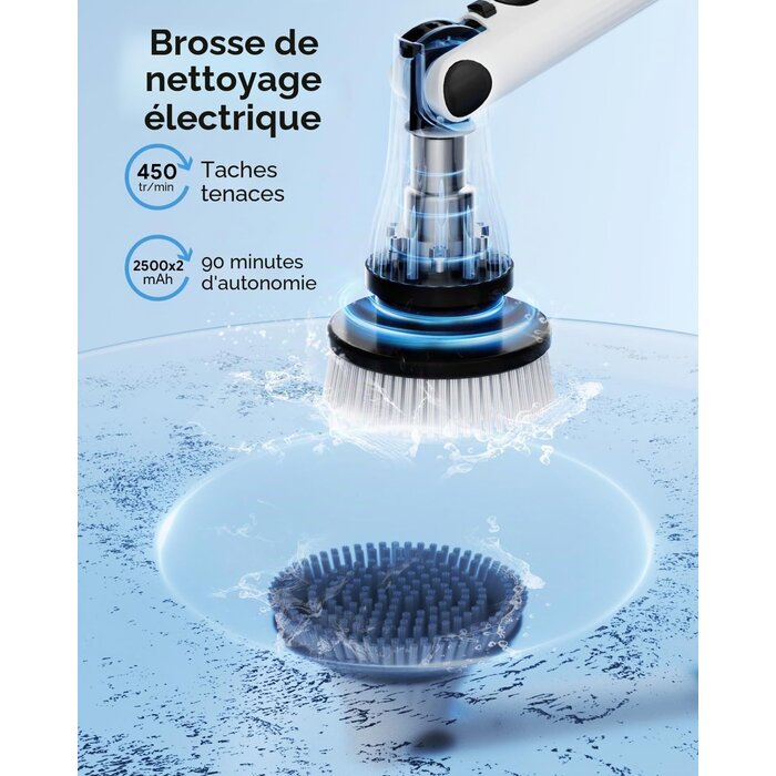 Brosse de nettoyage électrique 8 têtes, manche extensible - Jusqu'à 42% de remise