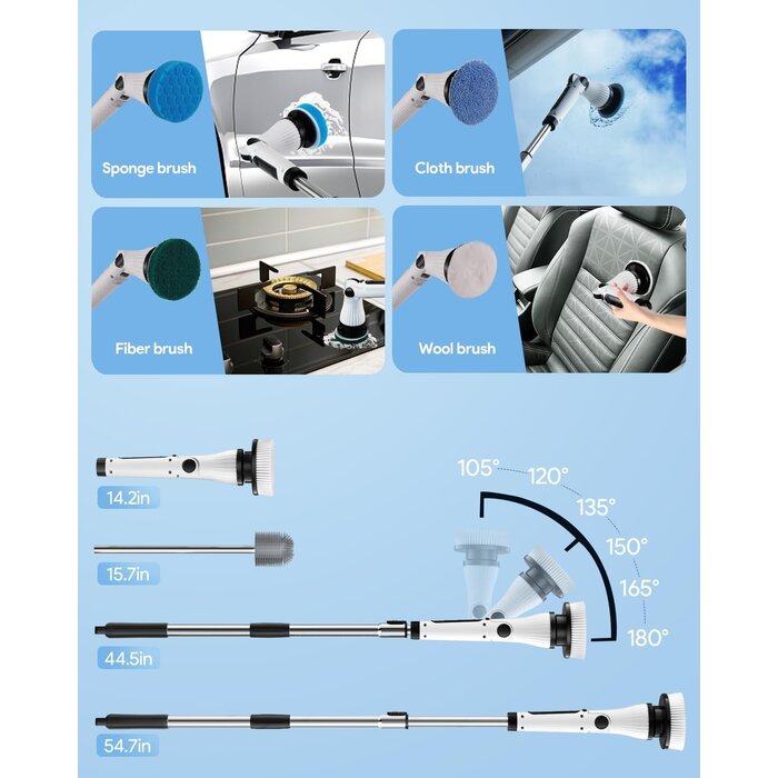 Brosse de nettoyage électrique 8 têtes, manche extensible - Jusqu'à 42% de remise