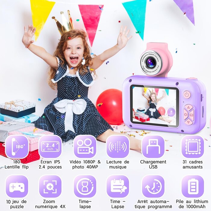 Appareil photo enfant 1080P violet - Objectif 180° - Jusqu'à 33% de réduction