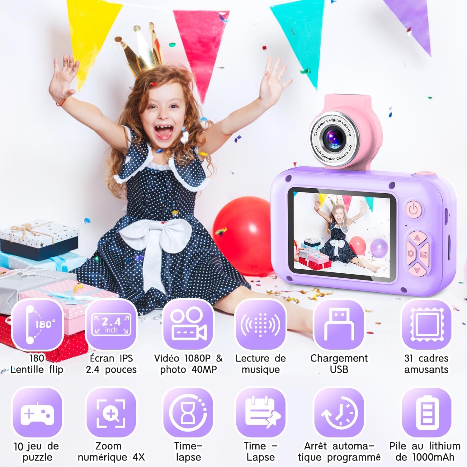 Appareil photo enfant 1080P violet - Objectif 180° - Jusqu'à 33% de réduction