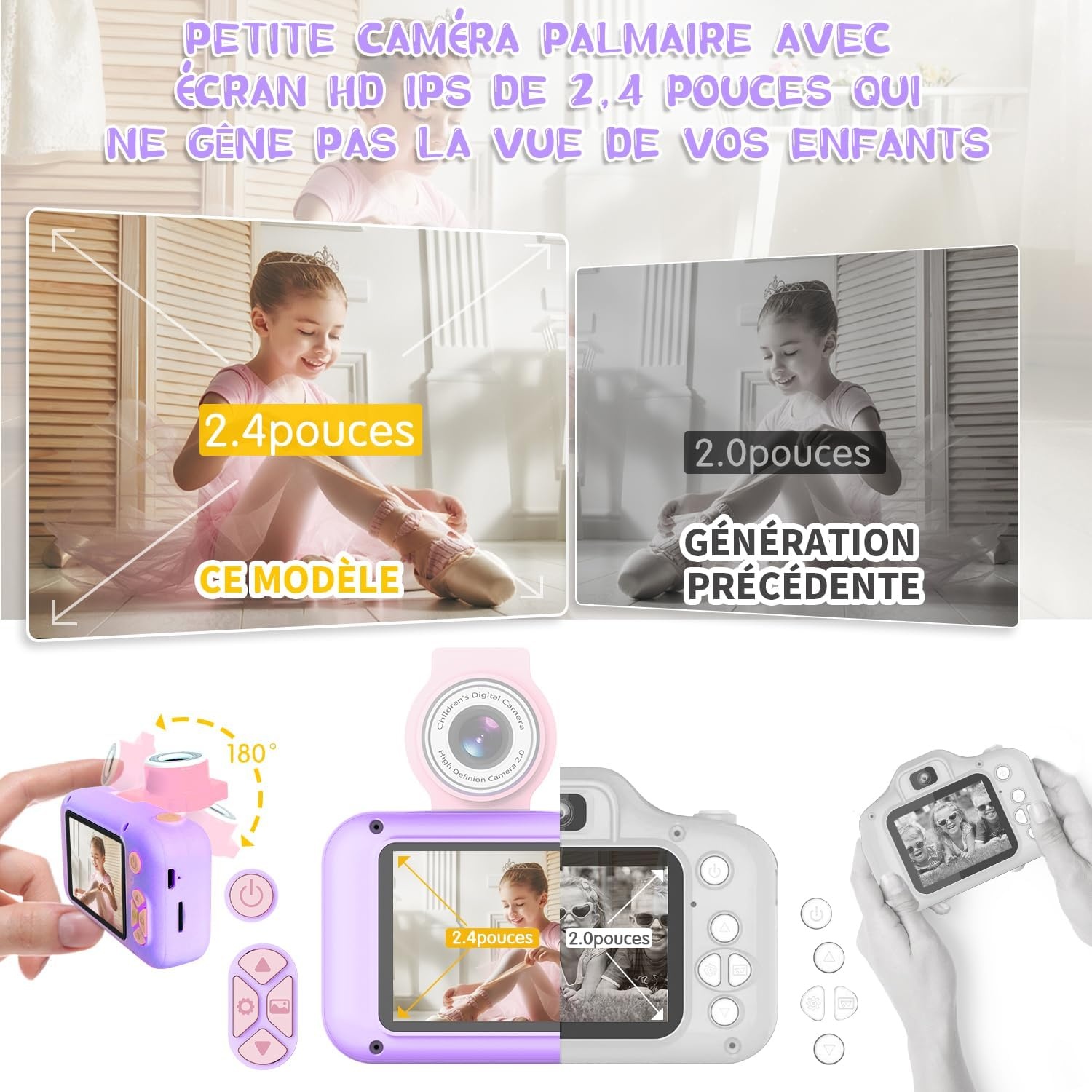 Appareil photo enfant 1080P violet - Objectif 180° - Jusqu'à 33% de réduction