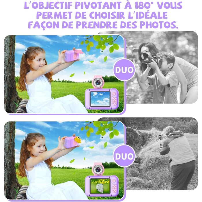 Appareil photo enfant 1080P violet - Objectif 180° - Jusqu'à 33% de réduction