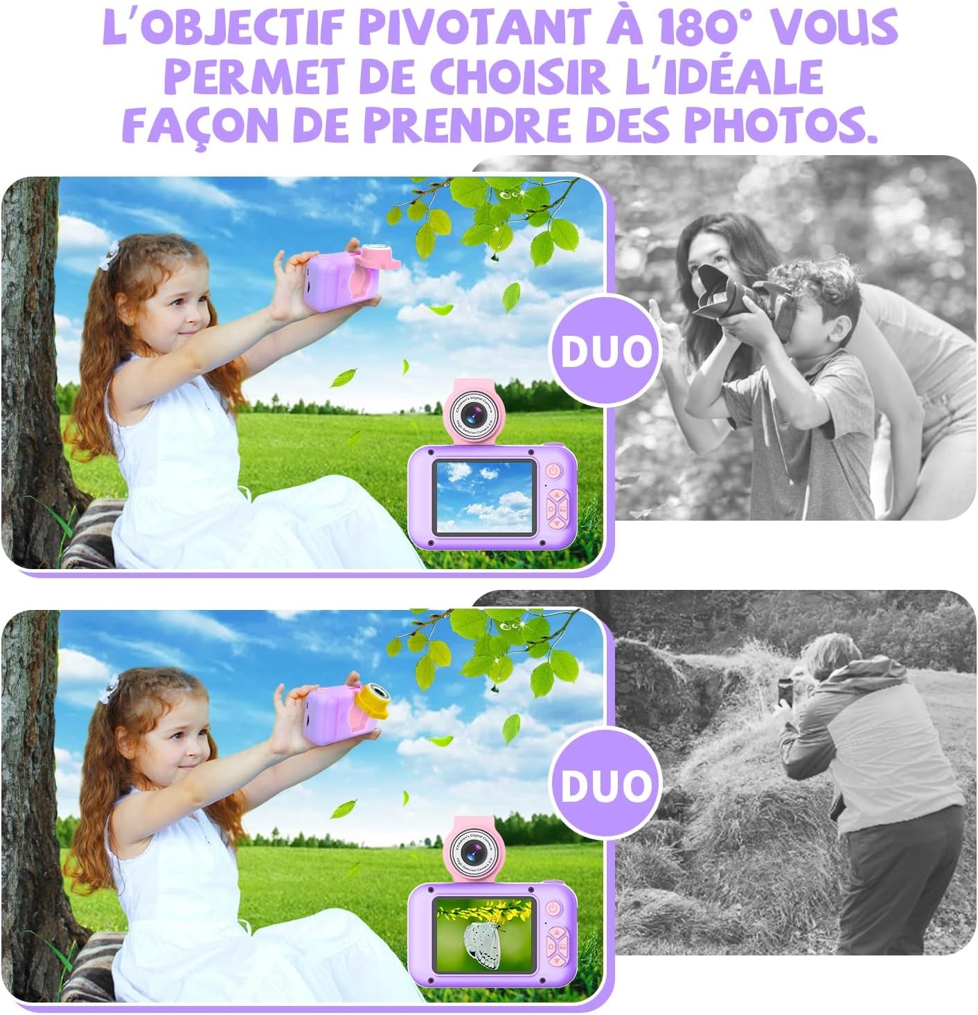 Appareil photo enfant 1080P violet - Objectif 180° - Jusqu'à 33% de réduction