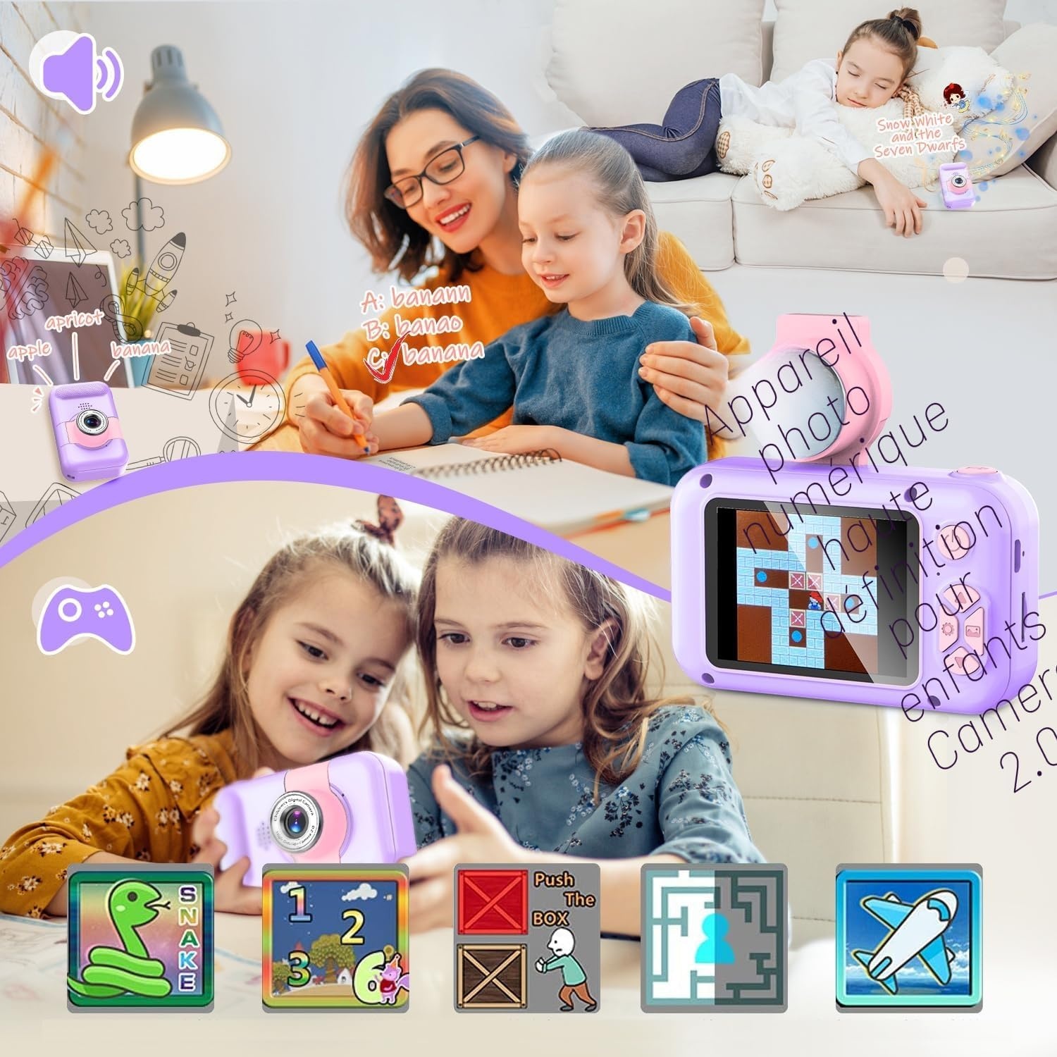 Appareil photo enfant 1080P violet - Objectif 180° - Jusqu'à 33% de réduction