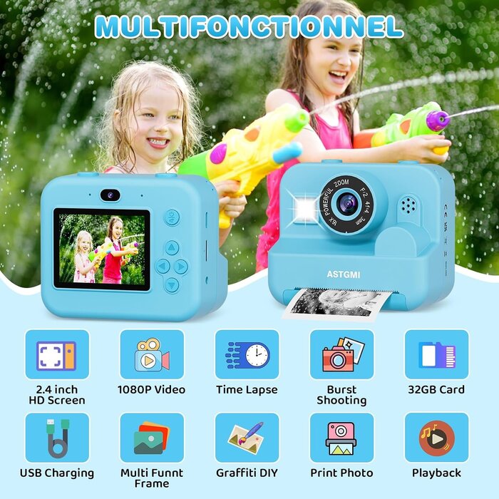 Appareil photo instantané enfant - Bleu - Impression thermique - Jusqu'à -35%