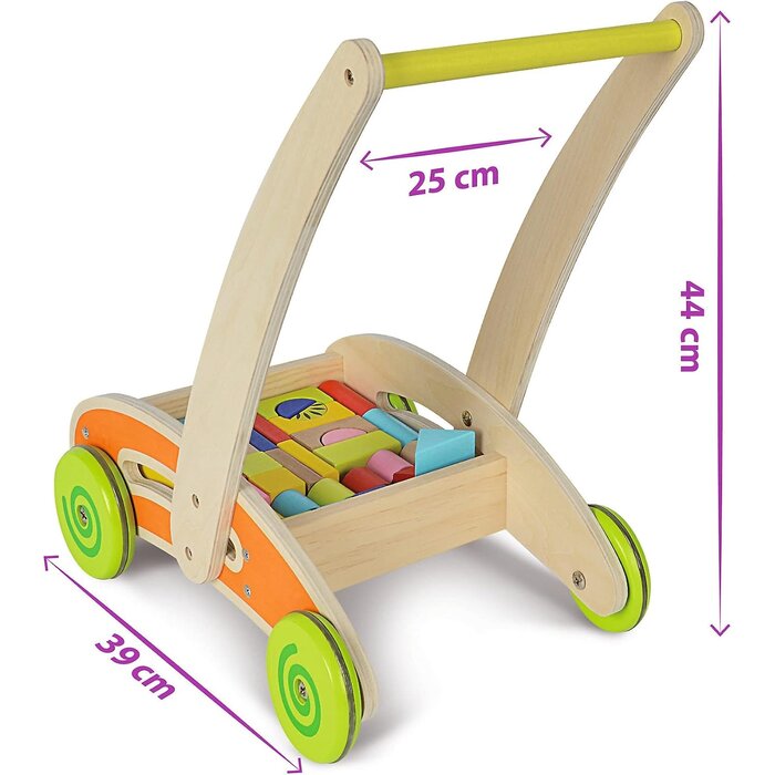 Chariot de marche en bois avec 35 blocs - Jusqu'à 37% de remise