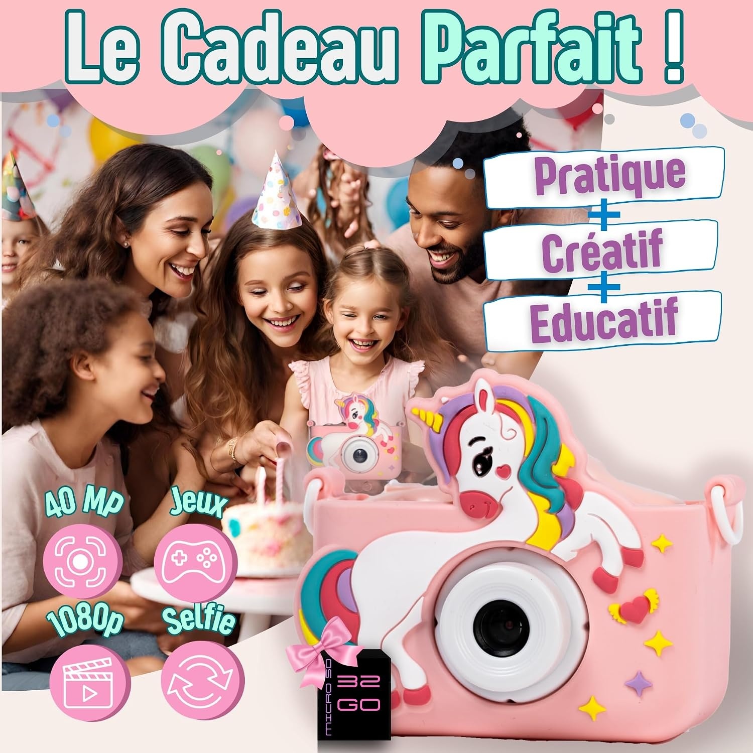 Appareil photo numérique enfant 40MP - Rose - Jusqu'à -38%