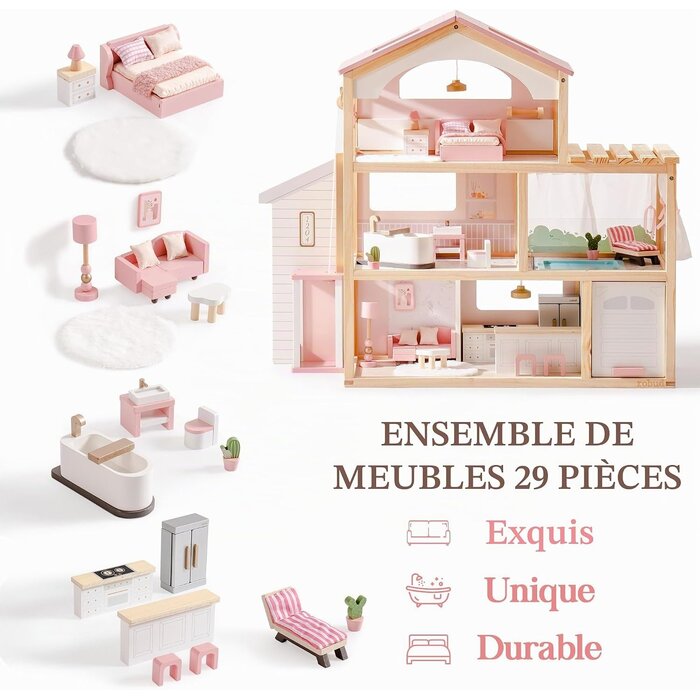 Maison de poupée en bois 80cm - Piscine & Garage - Jusqu'à -41%