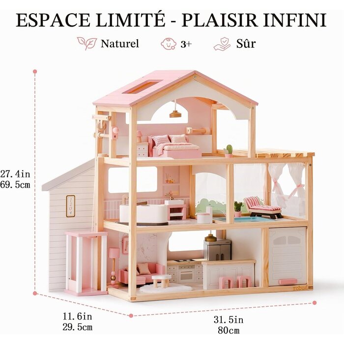 Maison de poupée en bois 80cm - Piscine & Garage - Jusqu'à -41%