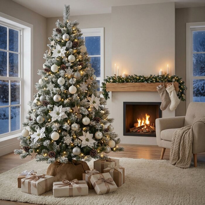 Viking Choice Sapin de Noël artificiel enneigé 220 cm, tronc bois naturel - Jusqu'à -30%