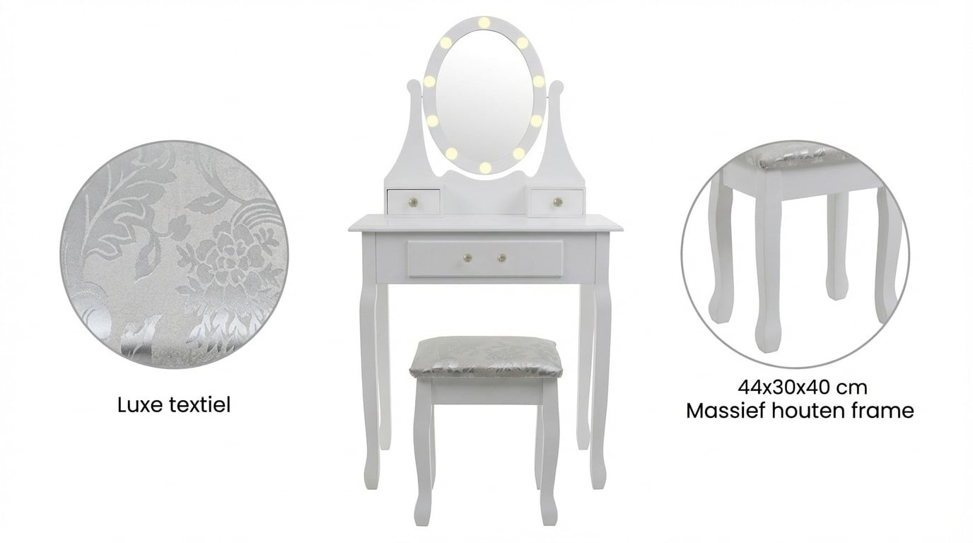 Coiffeuse en bois avec miroir LED et tabouret - Jusqu'à -11%