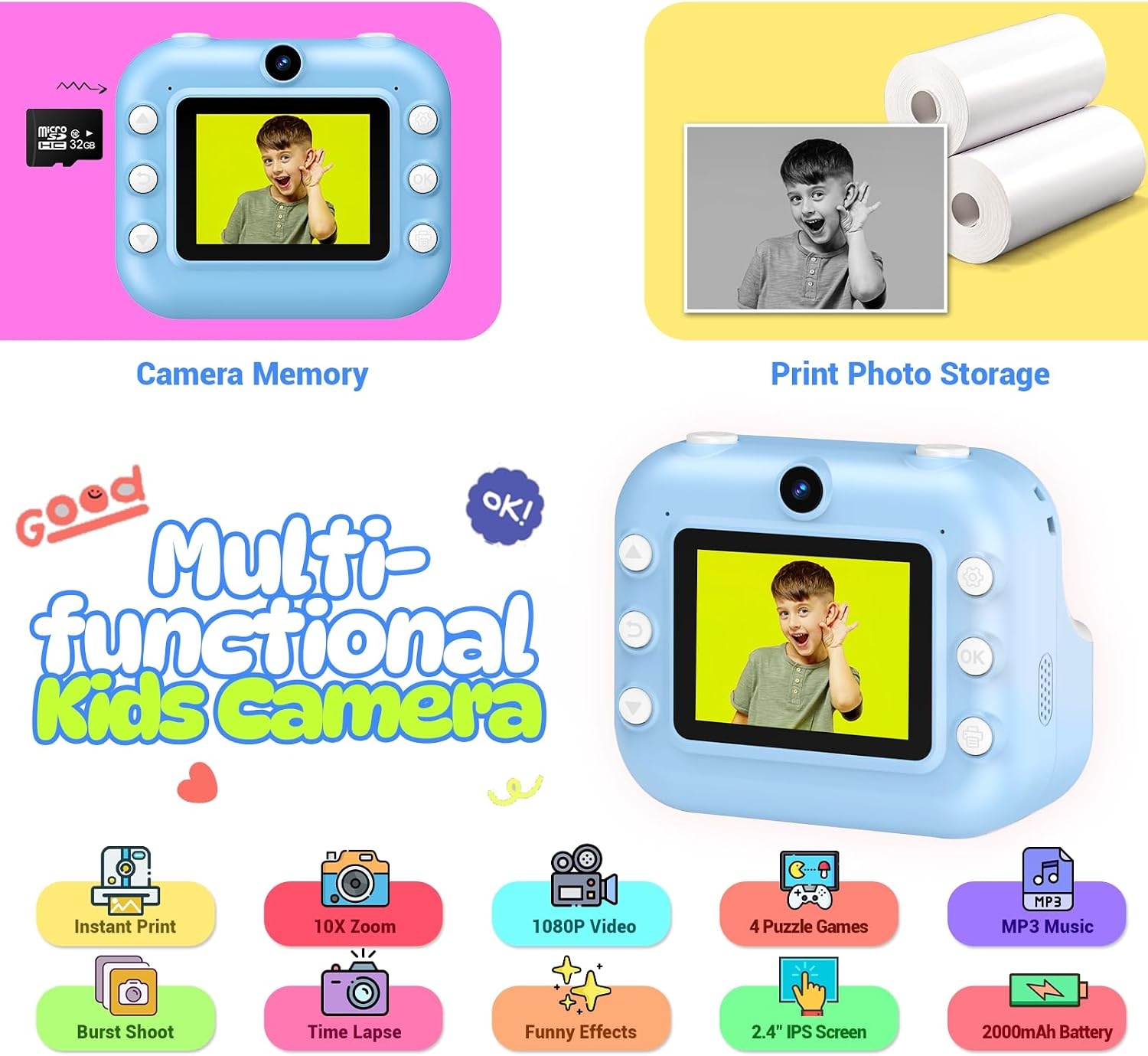 Appareil photo instantané enfant 1080p - Bleu - Jusqu'à 33% de remise