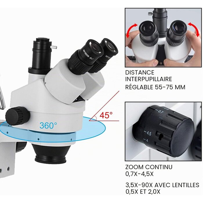 Stéréomicroscope Trinoculaire 3.5X-90X - Support Articulé - Jusqu'à 35% de remise