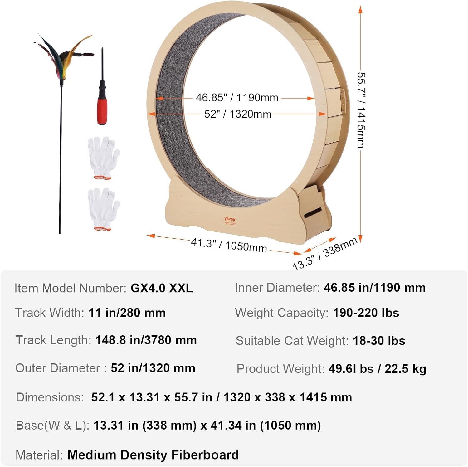 Roue d'exercice pour chat, bois massif 132 cm - Jusqu'à 35 % de remise