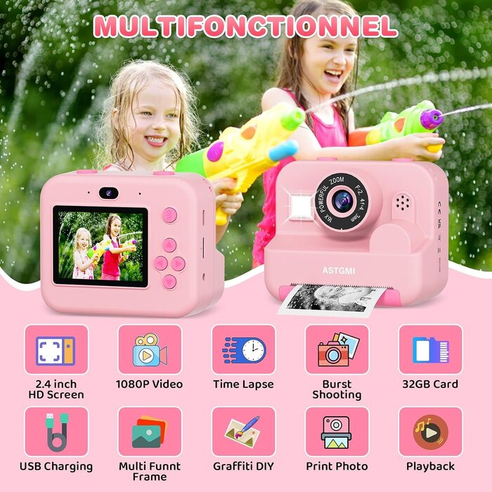 Appareil photo instantané enfant 1080p - Rose - Jusqu'à 33% de remise