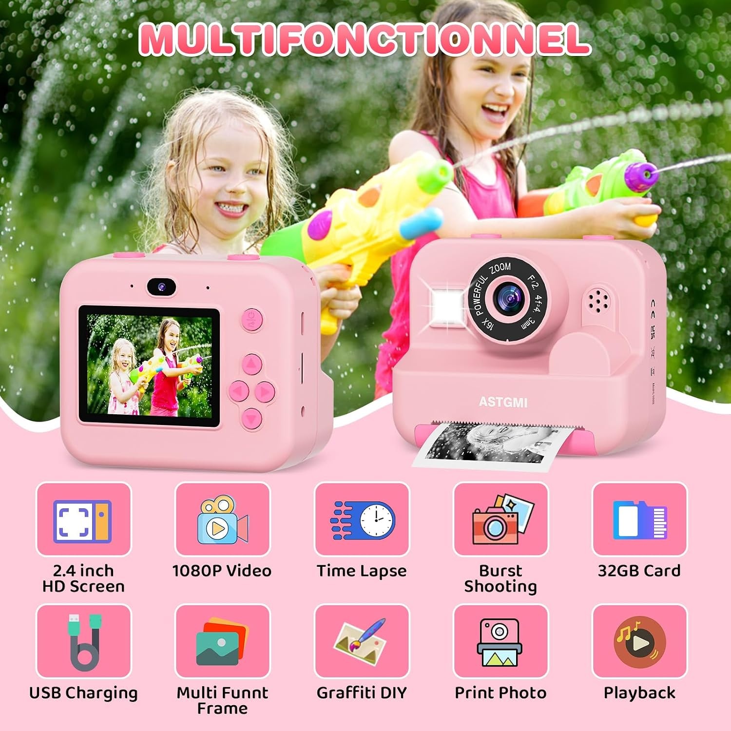 Appareil photo instantané enfant 1080p - Rose - Jusqu'à 33% de remise