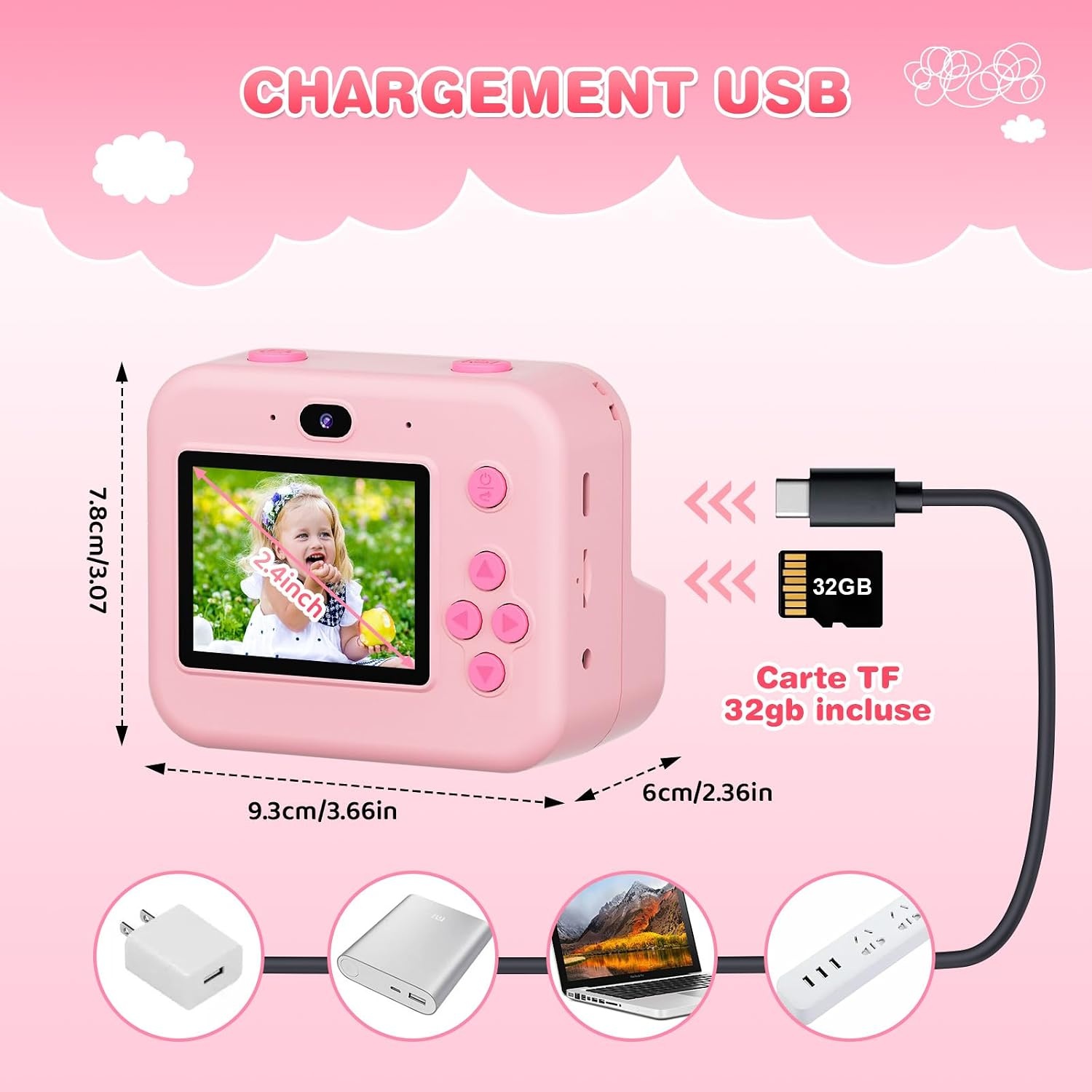 Appareil photo instantané enfant 1080p - Rose - Jusqu'à 33% de remise