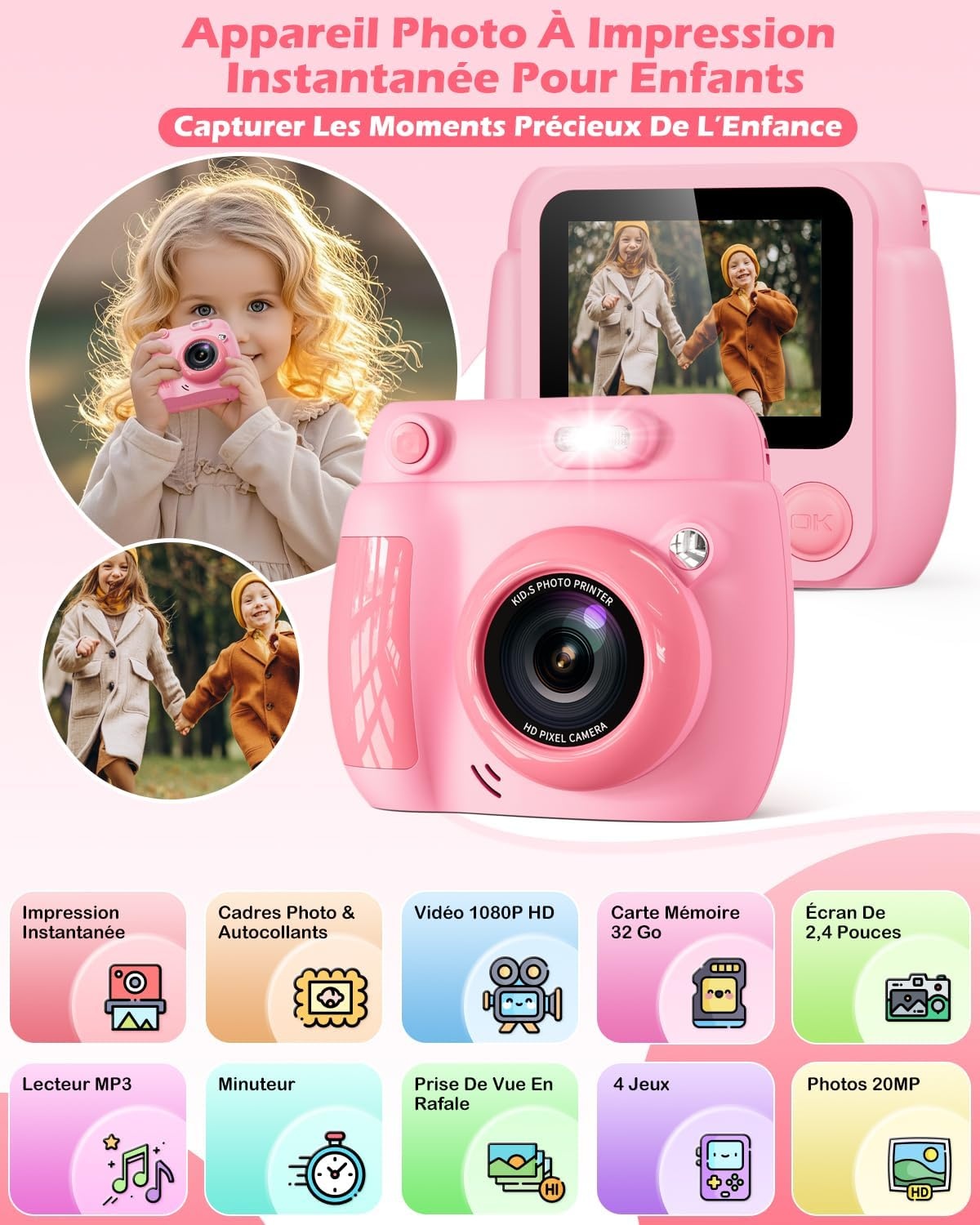 Appareil photo instantané enfant 1080p - Rose - Jusqu'à 33% de remise