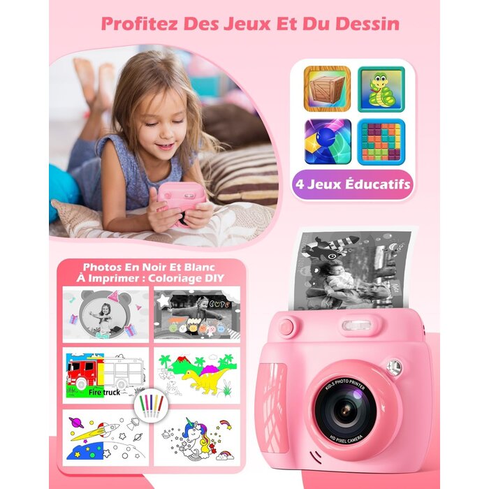 Appareil photo instantané enfant 1080p - Rose - Jusqu'à 33% de remise