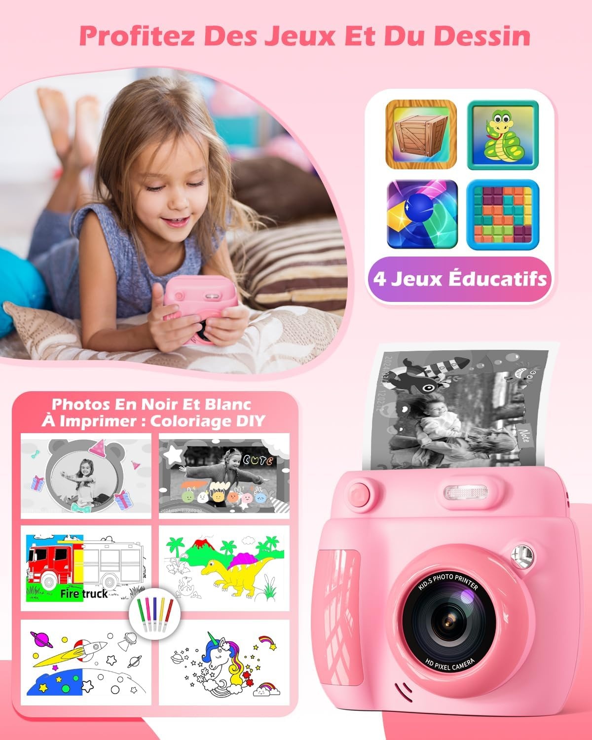 Appareil photo instantané enfant 1080p - Rose - Jusqu'à 33% de remise