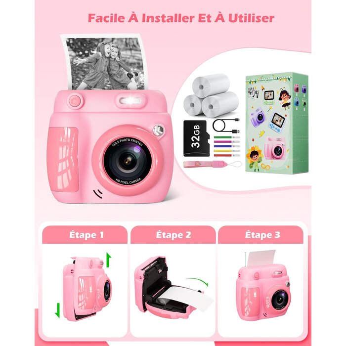 Appareil photo instantané enfant 1080p - Rose - Jusqu'à 33% de remise
