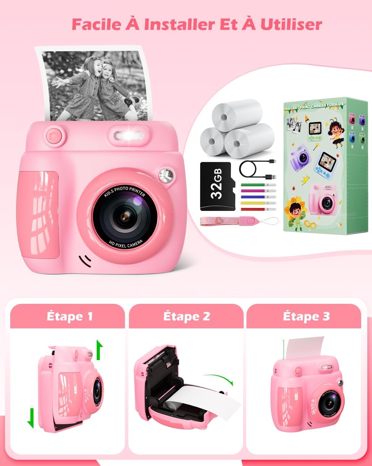 Appareil photo instantané enfant 1080p - Rose - Jusqu'à 33% de remise