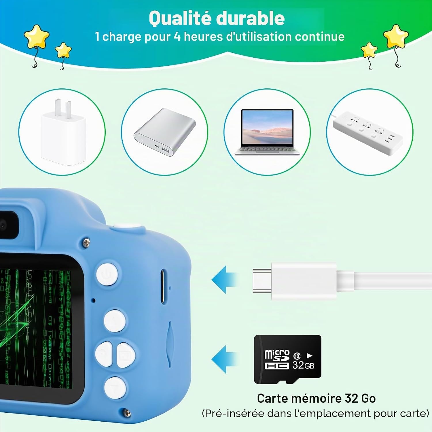 Appareil photo numérique enfant bleu - 1080p + Carte 32Go - Jusqu'à 32% de remise