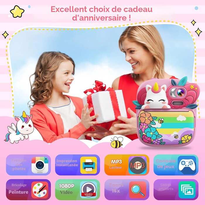 Appareil photo instantané enfant 1080P - Rose - Jusqu'à 33% de remise