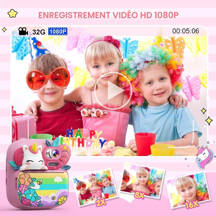 Appareil photo instantané enfant 1080P - Rose - Jusqu'à 33% de remise