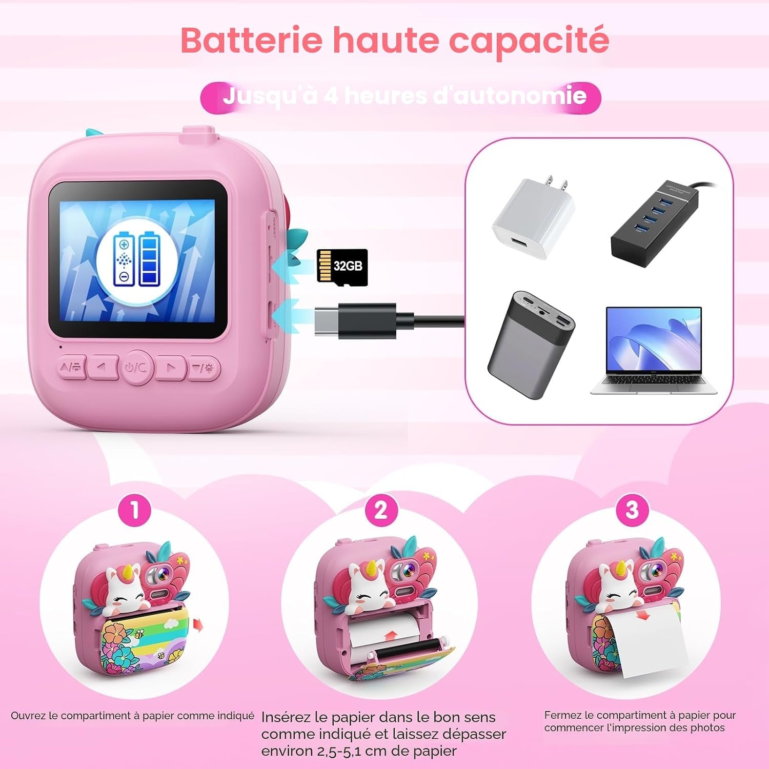 Appareil photo instantané enfant 1080P - Rose - Jusqu'à 33% de remise