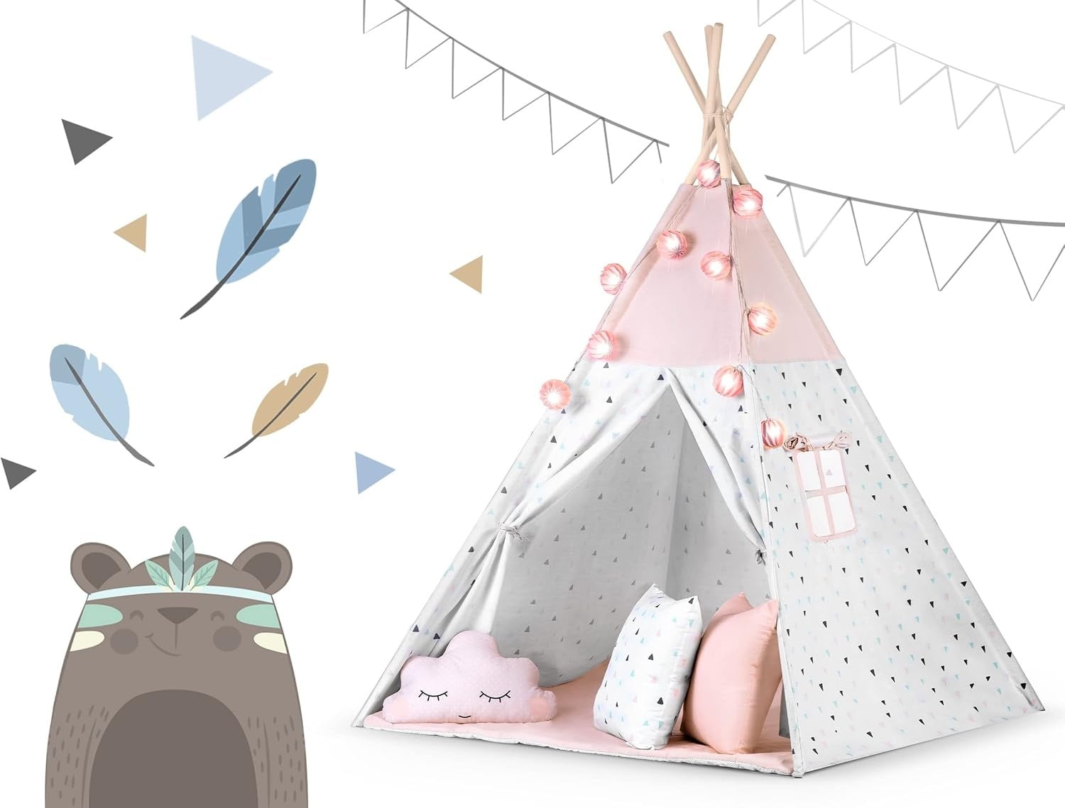 Tipi enfant style Montessori rose avec accessoires - Jusqu'à 34% de remise
