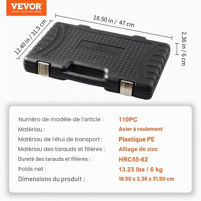 Vevor Coffret 110 tarauds et filières M2-M18 - Jusqu'à -34% sur le retour