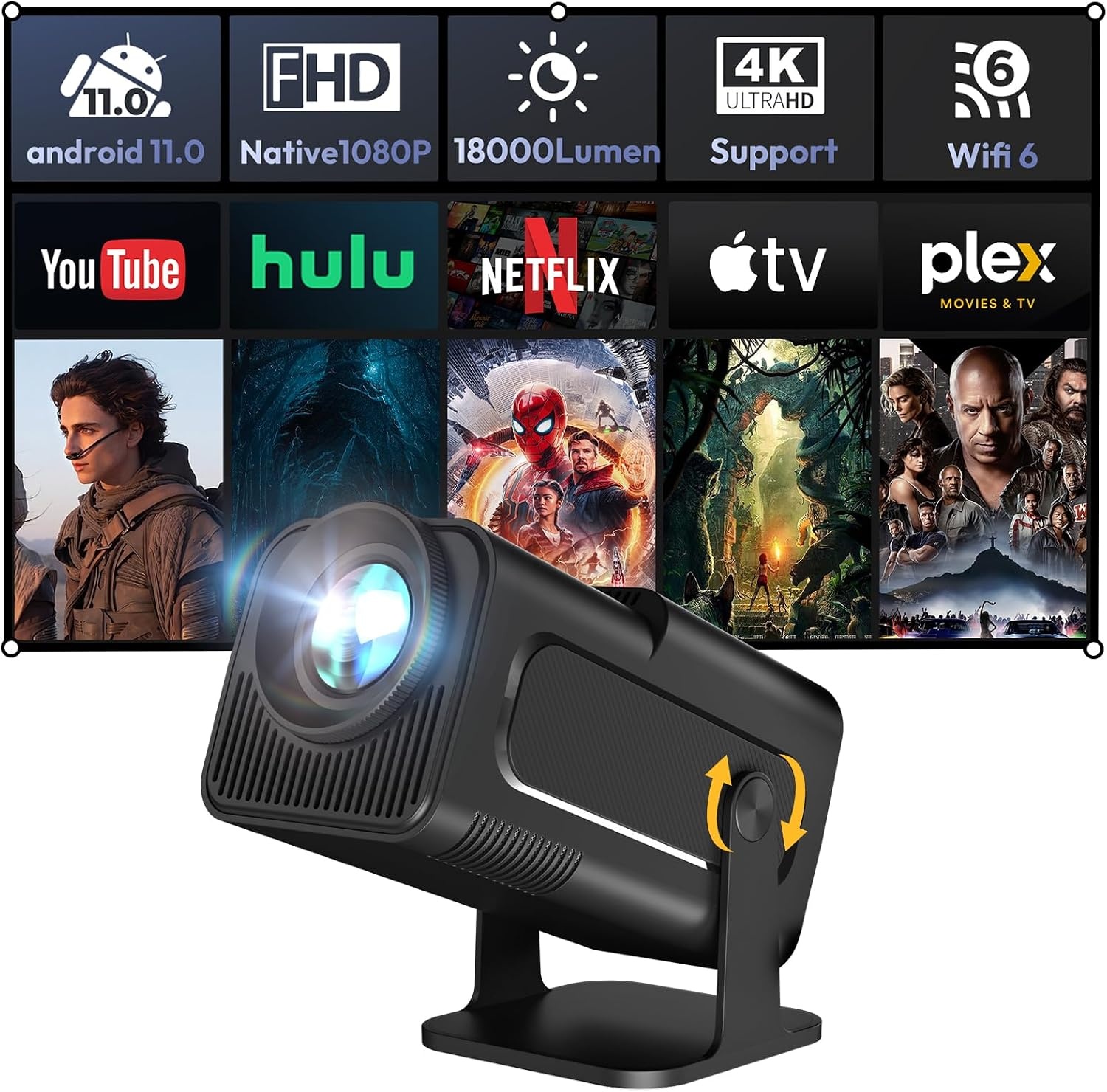 Mini projecteur Gimbal Smart Full HD 1080P - Jusqu'à 34% de réduction